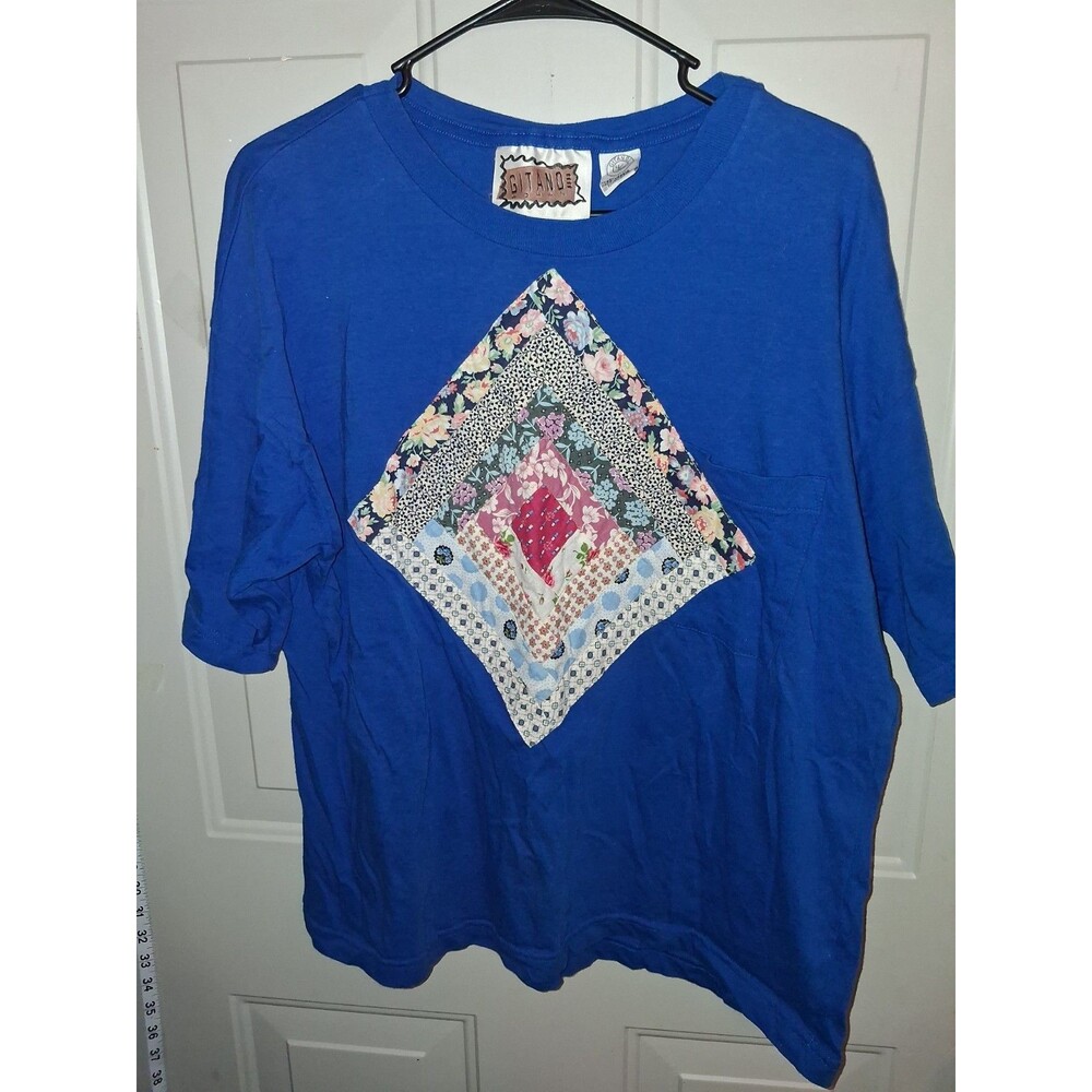 Vintage Gitano Women's XL Patchwork Pocket T Shirt Blue Boxy Cottagecore 90s
